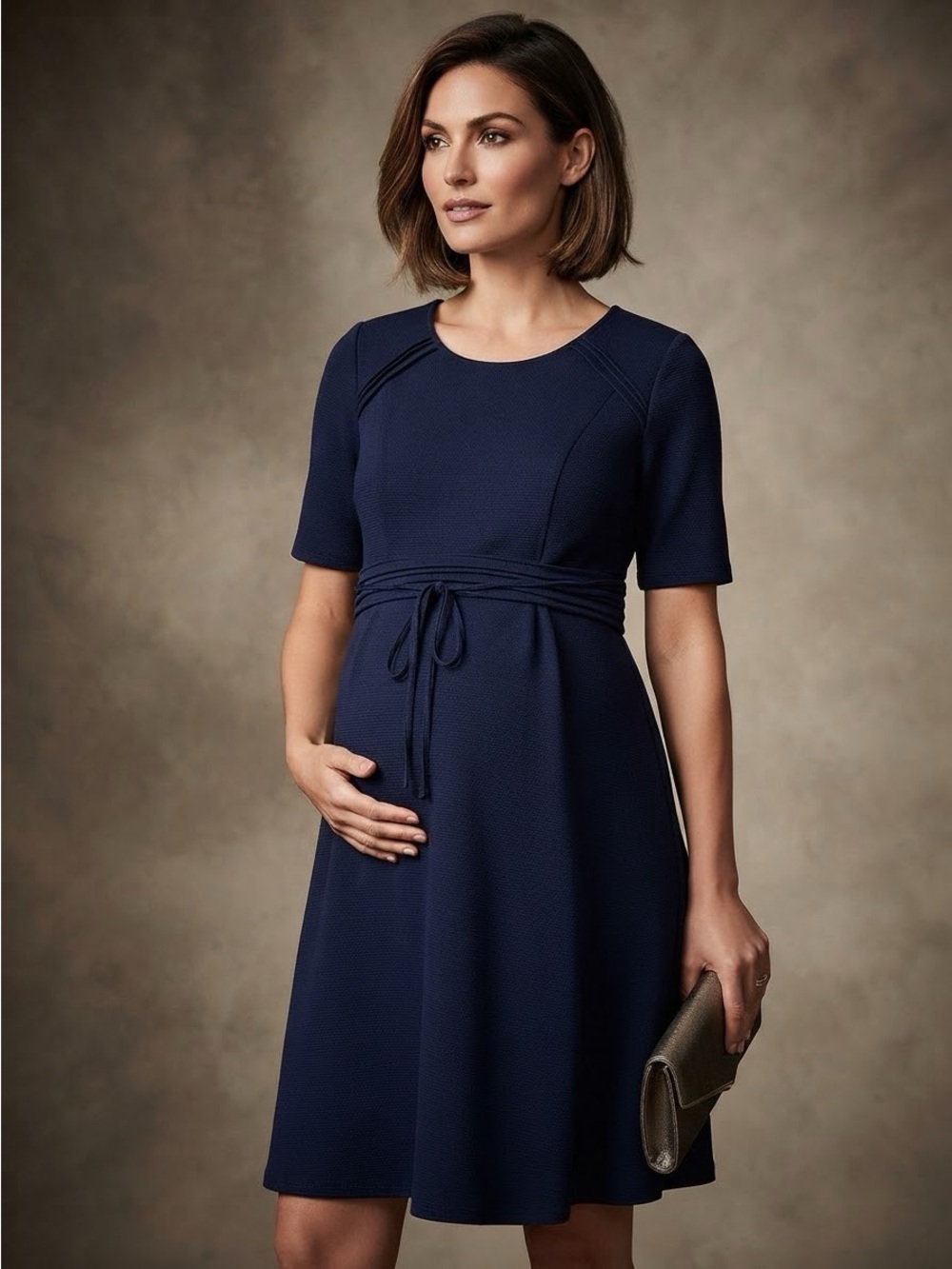 Motherhood Maternity Navy Blue Textured Tie Waist Dress Sz Small S Gold Zip